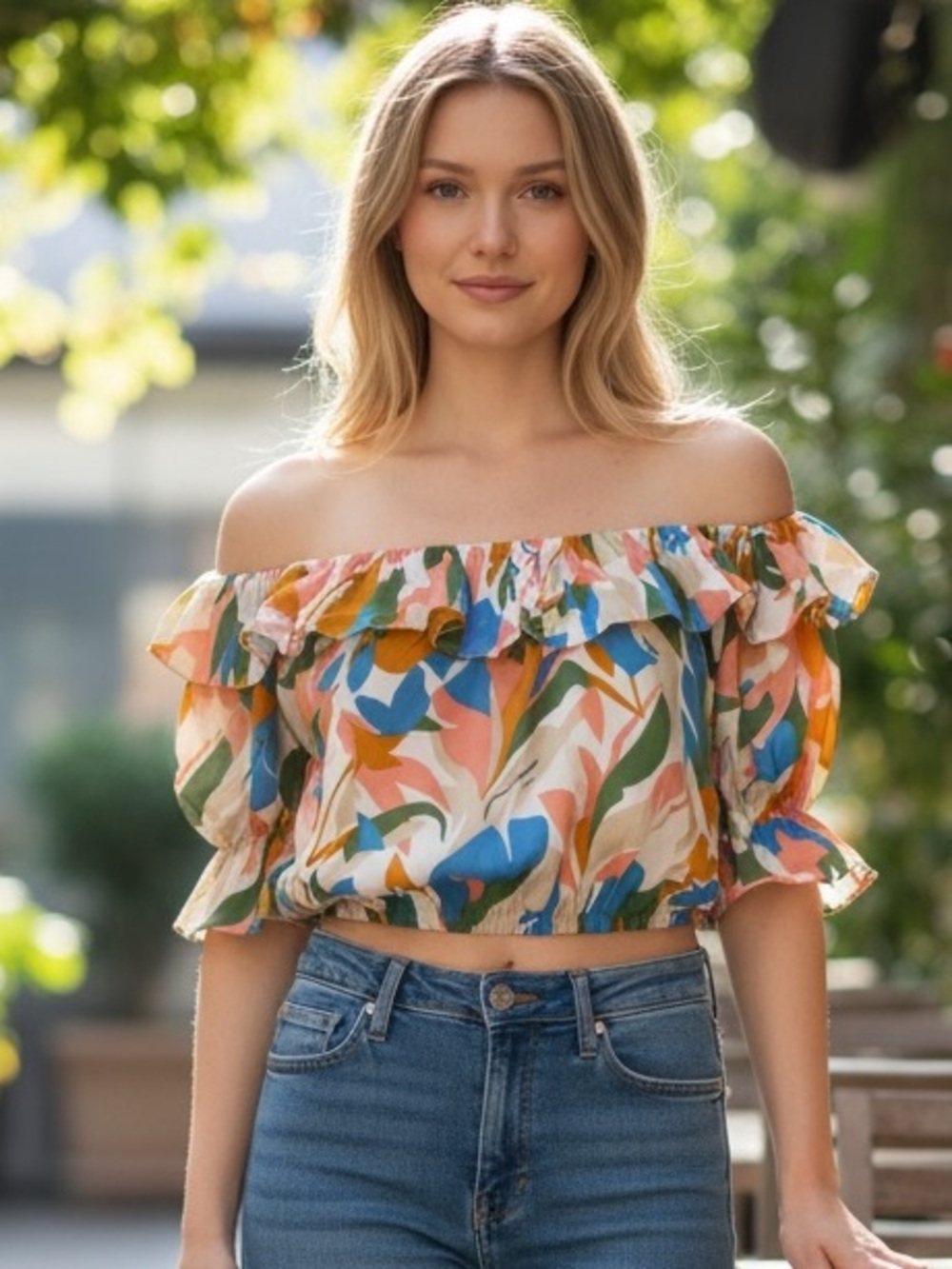 Multicolor Off-Shoulder Ruffle Top - Picture 1 of 3